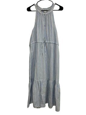 Time And Tru XL Blue White Striped Sleeveless Maxi Dress Ruffle Neck Retro